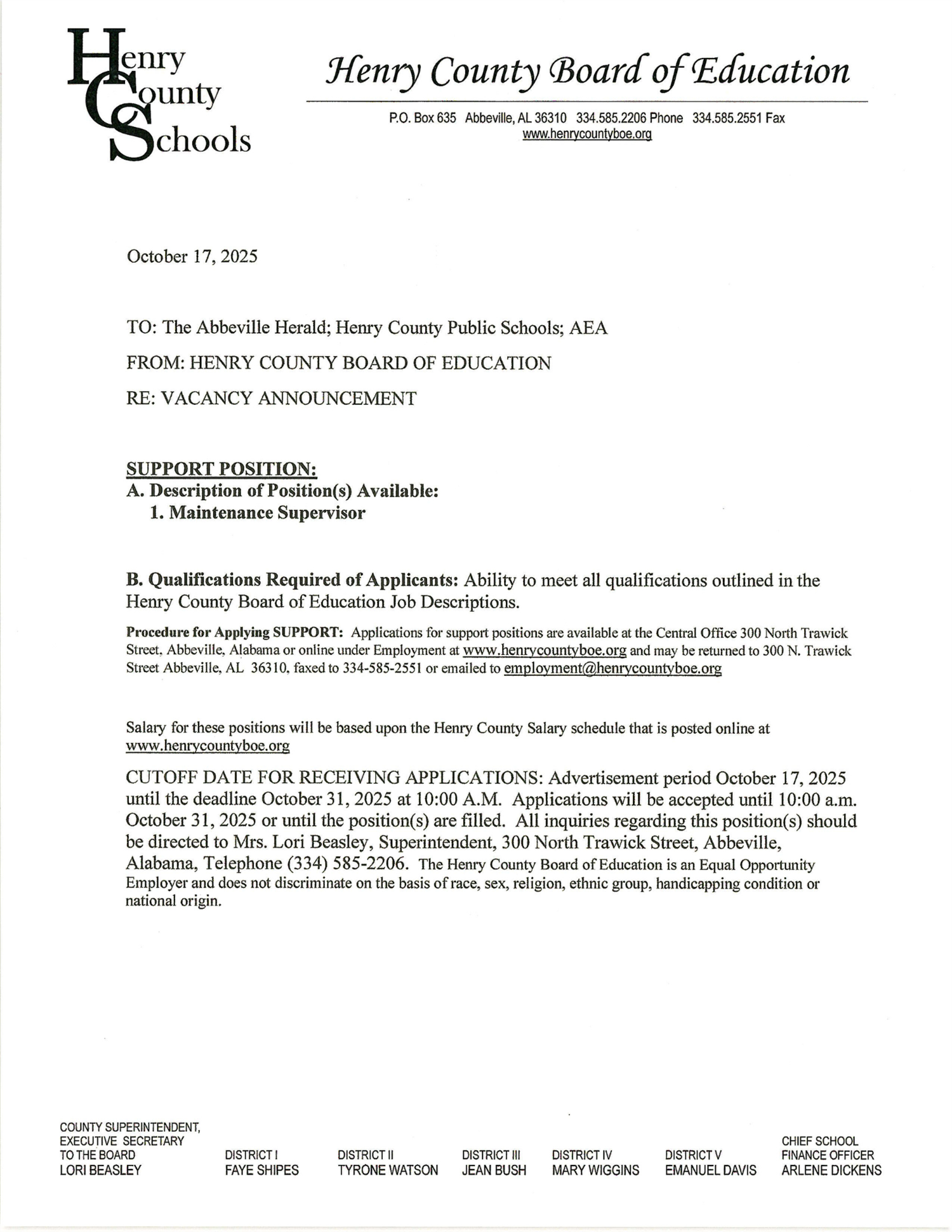 Vacancy announcement for maintenance supervisor flyer